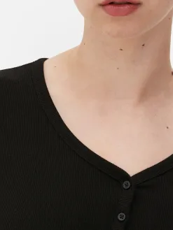 Body Façon T-shirt Boutonné à Manches Longues