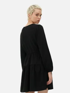 Mini Robe à Smocks Avec Col En V Et Liens à Nouer
