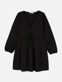 Mini Robe à Smocks Avec Col En V Et Liens à Nouer