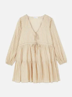 Mini Robe à Smocks Nouée Sur Le Devant