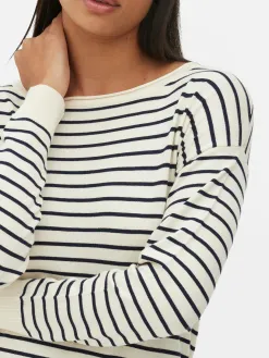 Pull Col Bateau à Rayures En Maille Fine