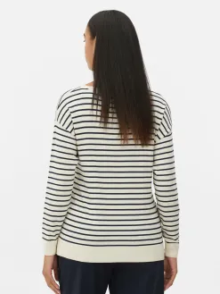Pull Col Bateau à Rayures En Maille Fine
