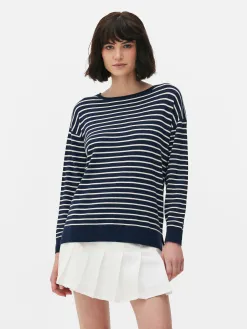 Pull Col Bateau à Rayures En Maille Fine
