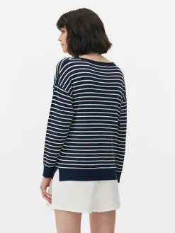 Pull Col Bateau à Rayures En Maille Fine