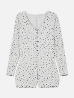 Pyjama Style Barboteuse Côtelé à Petites Fleurs