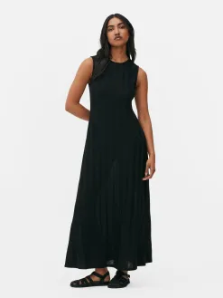Robe Longue Texturée Sans Manches à Rayures