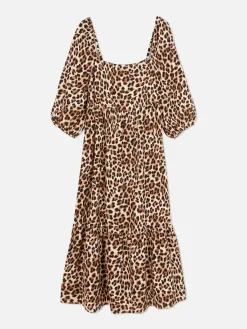 Robe Mi-longue à Motif Léopard Et à Encolure Carrée