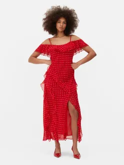 Robe Mi-longue à Volants Et à Pois