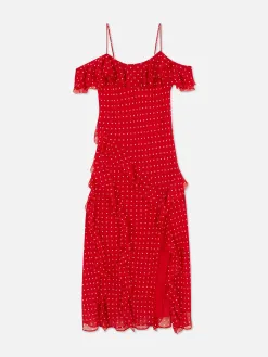 Robe Mi-longue à Volants Et à Pois