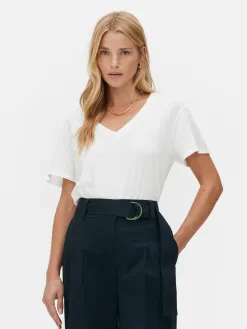 T-shirt à Col En V En Coton Mélangé